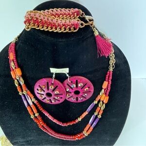 Boho Hot Pink Beaded Necklace Bracelet and Earring Set